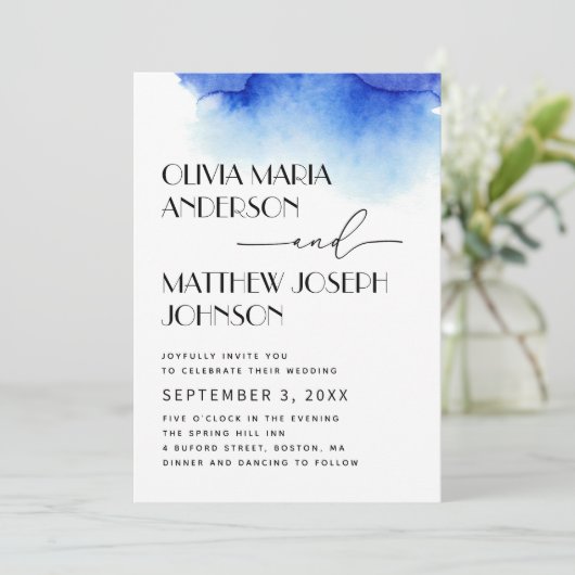 Wasserfarbe Blau nautische moderne einfache Hochze Einladung (Stehend Vorderseite)