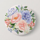 Wasserfarbe Blau Pink Hydrangea Peony Spring Flora Button (Vorderseite)