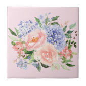 Wasserfarbe Blau Pink Hydrangea Peony Spring Flora Fliese (Vorderseite)