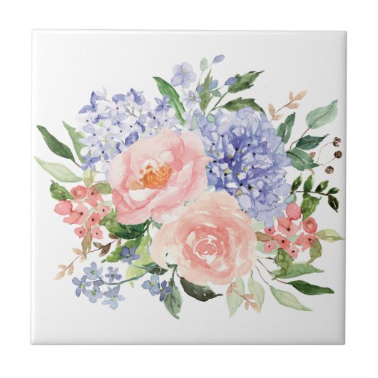 Wasserfarbe Blau Pink Hydrangea Peony Spring Flora Fliese (Vorderseite)