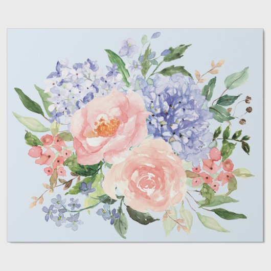 Wasserfarbe Blau Pink Hydrangea Peony Spring Flora Geschenkpapier (Flach)