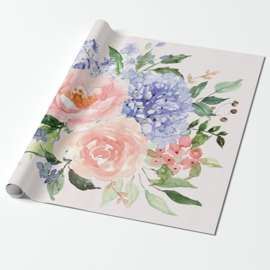 Wasserfarbe Blau Pink Hydrangea Peony Spring Flora Geschenkpapier (Ungerollt)