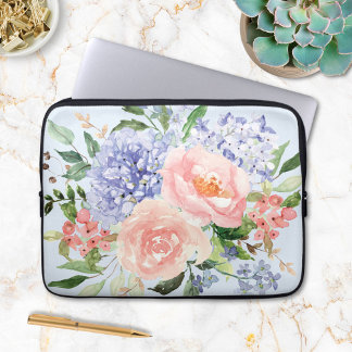 Wasserfarbe Blau Pink Hydrangea Peony Spring Flora Laptopschutzhülle