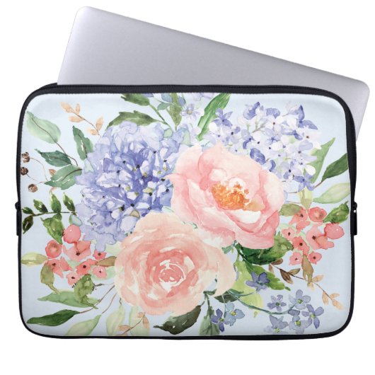 Wasserfarbe Blau Pink Hydrangea Peony Spring Flora Laptopschutzhülle (Vorderseite)