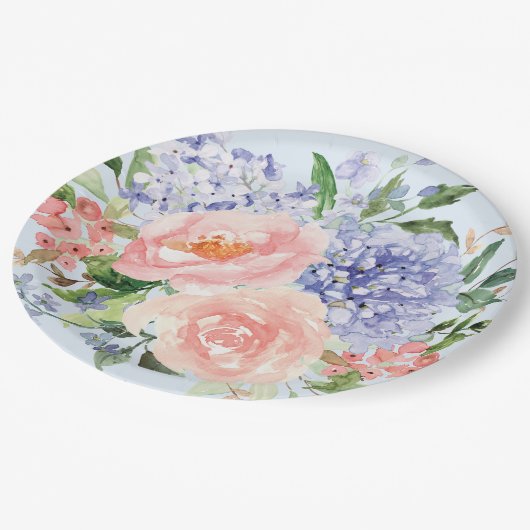 Wasserfarbe Blau Pink Hydrangea Peony Spring Flora Pappteller (Schrägansicht)