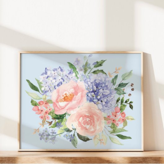 Wasserfarbe Blau Pink Hydrangea Peony Spring Flora Poster
