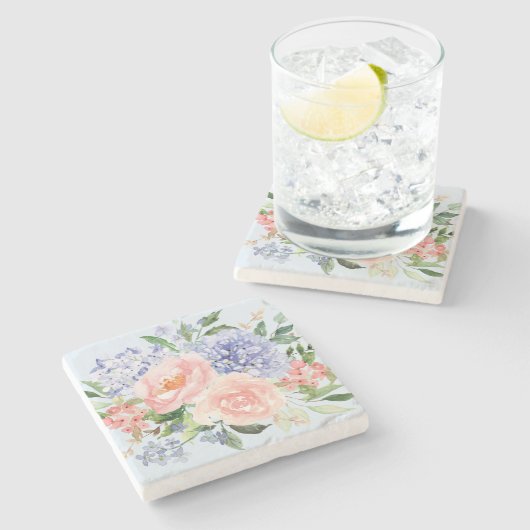 Wasserfarbe Blau Pink Hydrangea Peony Spring Flora Steinuntersetzer (Seitenansicht)