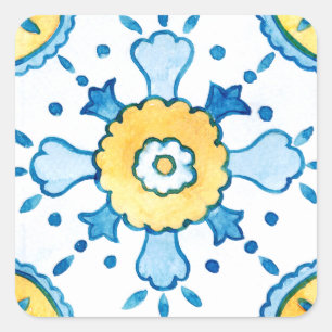 Wasserfarbe Blau und Gelb Marokkanisches Fliesenmu Quadratischer Aufkleber