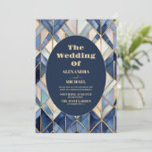 Wasserfarbe Blau und Gold Art Deco Hochzeit Einladung (Stehend Vorderseite)