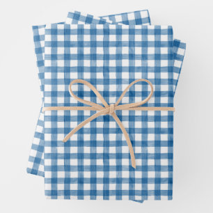 Wasserfarbe Blau und Weiß Gingham Geschenkpapier Set