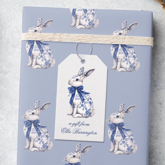 Wasserfarbe Blau & Weiß Chinoiserie Bunny Rabbi Geschenkanhänger