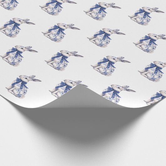 Wasserfarbe Blau & Weiß Chinoiserie Bunny Rabbi Geschenkpapier (Ecke)