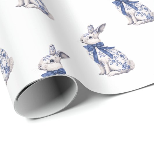 Wasserfarbe Blau & Weiß Chinoiserie Bunny Rabbi Geschenkpapier (Rolleneckpunkt)