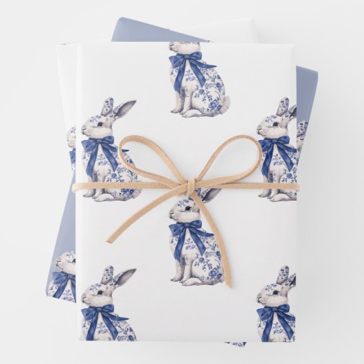 Wasserfarbe Blau & Weiß Chinoiserie Bunny Rabbi Geschenkpapier Set (Beispiel)