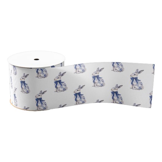 Wasserfarbe Blau & Weiß Chinoiserie Bunny Rabbi Ripsband (Spule)