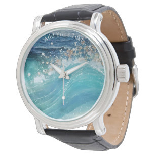 Wasserfarbe Blau Weißer Ozean Wave Benutzerdefinie Armbanduhr