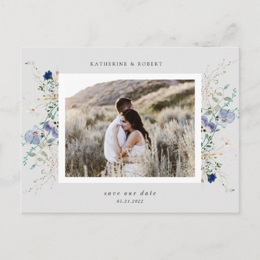 Wasserfarbe Blau Wildblume Save the Date Postkarte (Vorderseite)