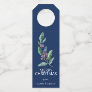 Wasserfarbe Blaue Beerenblätter Weihnachten Flaschenanhänger
