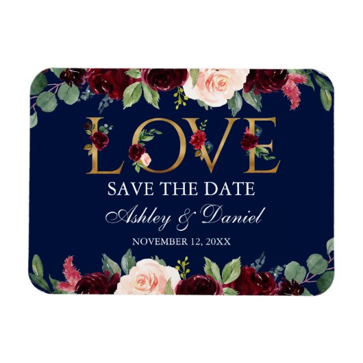 Wasserfarbe Blaue Burgund-Blüte-Liebe Save the Dat Magnet (Horizontal)