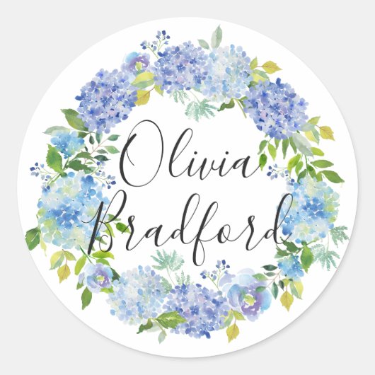 Wasserfarbe Blaue Hydrangeas Wreath Personalisiert Runder Aufkleber (Vorderseite)