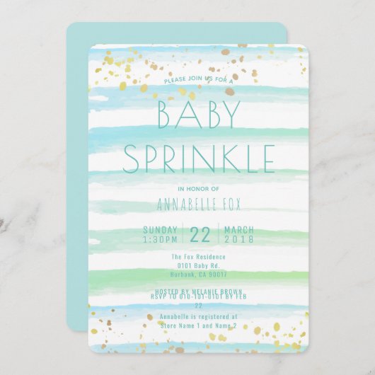 Wasserfarbe Blaue Streifen Baby Sprinkle Einladung (Vorne/Hinten)