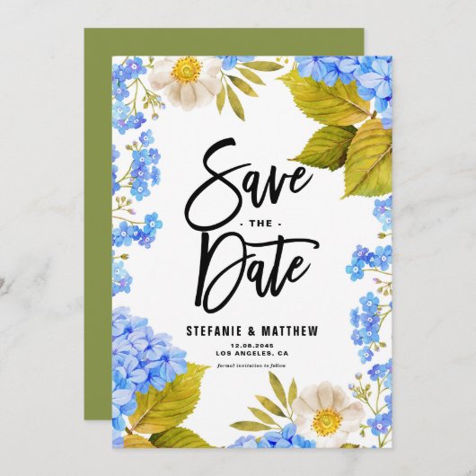 Wasserfarbe Blauer Hydrangea Save The Date (Vorne/Hinten)