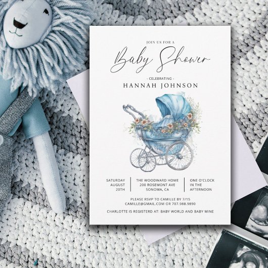 Wasserfarbe Blue Baby Carriage Es ist eine Boy-Dus Einladung