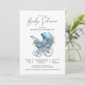 Wasserfarbe Blue Baby Carriage Es ist eine Boy-Dus Einladung (Stehend Vorderseite)