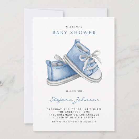 Wasserfarbe Blue Baby Shoes Es ist eine Baby-Dusch Einladung (Vorderseite)