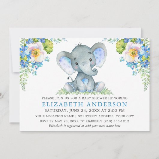 Wasserfarbe Blue Floral Baby Dusche Elephant Einladung (Vorderseite)