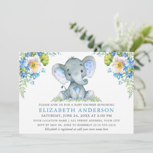 Wasserfarbe Blue Floral Baby Dusche Elephant Einladung (Stehend Vorderseite)