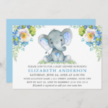 Wasserfarbe Blue Floral Baby Dusche Elephant