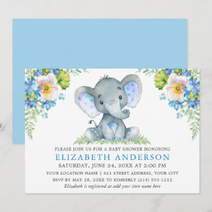 Wasserfarbe Blue Floral Baby Dusche Elephant Einladung