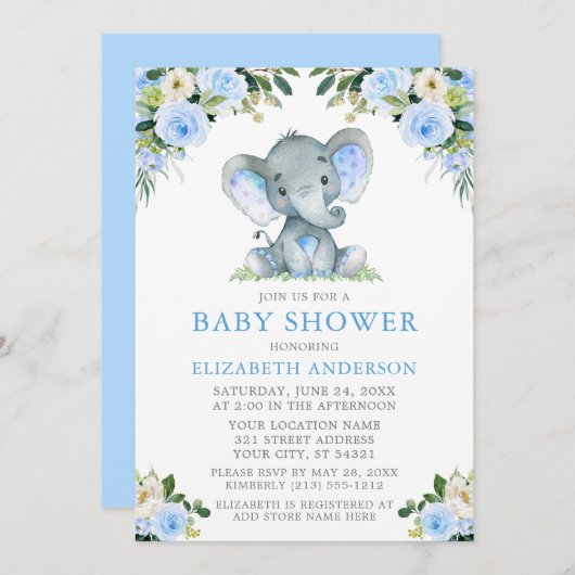 Wasserfarbe Blue Floral Baby Dusche Elephant Einladung (Vorne/Hinten)