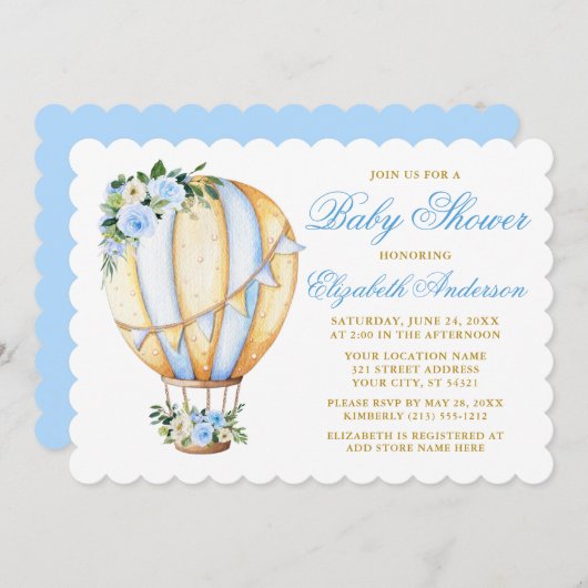 Wasserfarbe Blue Floral Baby Dusche Luftballon Einladung (Vorne/Hinten)