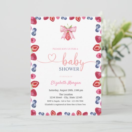 Wasserfarbe Blueberry Strawberry Babydusche Einladung (Stehend Vorderseite)