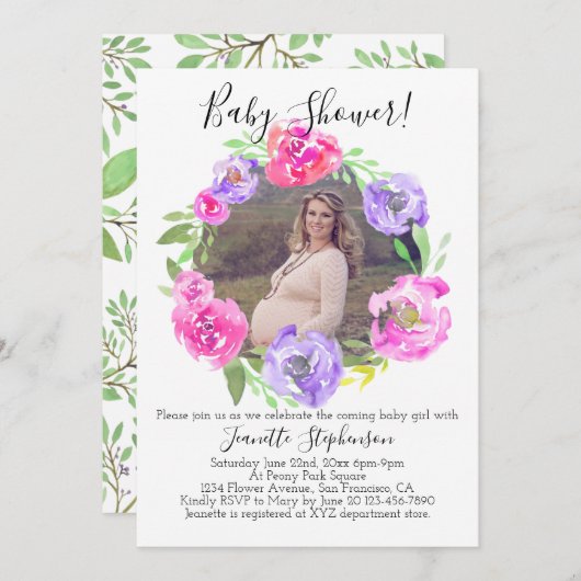 Wasserfarbe Blume Foto Girl Babydusche Einladung (Vorne/Hinten)