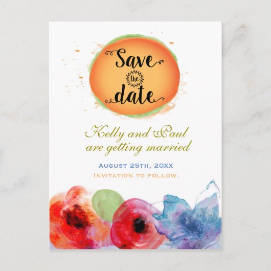 Wasserfarbe Blumen Elegant Save the Date farbenfro Ankündigungspostkarte (Vorderseite)