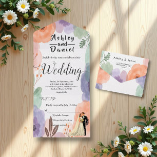 Wasserfarbe Blumen Romantisches Paar Elegante Hoch All In One Einladung