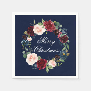 Wasserfarbe Blumenreath Frohe Weihnachten Blau Serviette