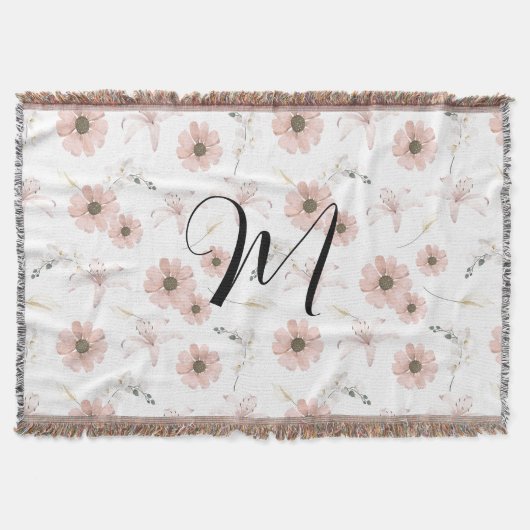 Wasserfarbe Blush Rosa Blumen Kunst Monogramm Decke (Vorderseite)
