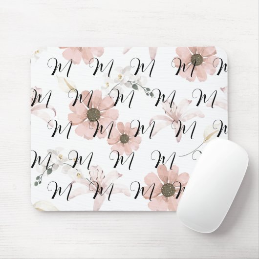 Wasserfarbe Blush Rosa Blumen Kunst Monogramm Mousepad (Mit Mouse)