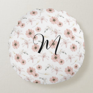 Wasserfarbe Blush Rosa Blumen Kunst Monogramm Rundes Kissen
