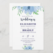Wasserfarbe Blütengrün Dusty Navy Blauer Hochzeit Einladung (Vorne/Hinten)