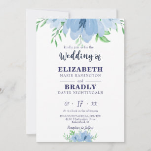 Wasserfarbe Blütengrün Dusty Navy Blauer Hochzeit Einladung