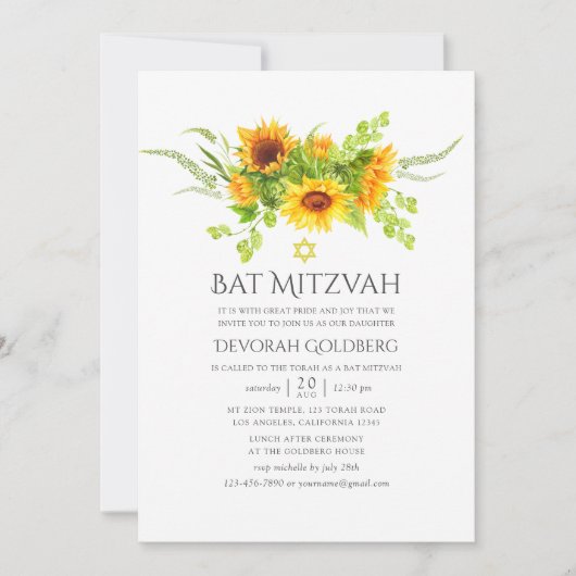 Wasserfarbe Bohemisch Boho Sonnenblumen Bat Mitzva Einladung (Vorderseite)