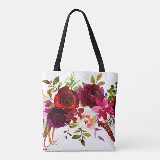 Wasserfarbe Bohemisch Floral Burgund Marsala Rot Tasche (Rückseite)