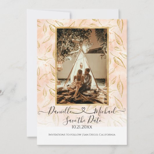 Wasserfarbe BOHO Blätter Pink Gold Glitzer Save The Date (Vorderseite)