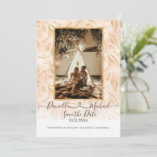 Wasserfarbe BOHO Blätter Pink Gold Glitzer Save The Date (Stehend Vorderseite)