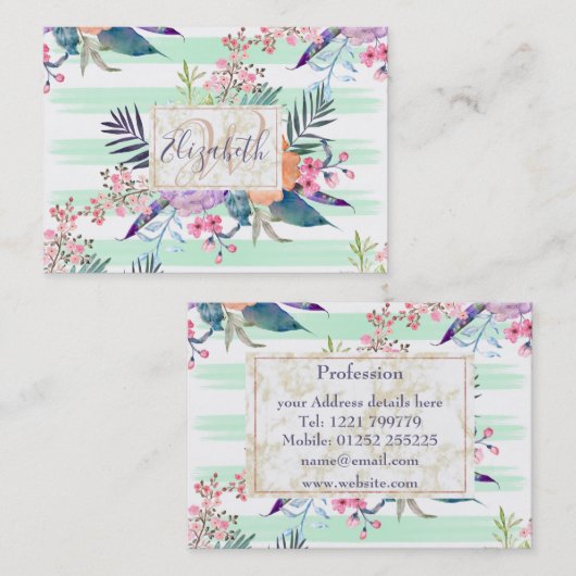 Wasserfarbe Boho Blüte, Blätter, Streifen Handfarb Visitenkarte (Vorne/Hinten)